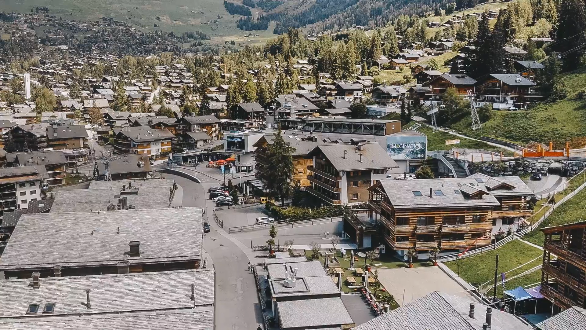 Aerial view over Verbier village and chalets