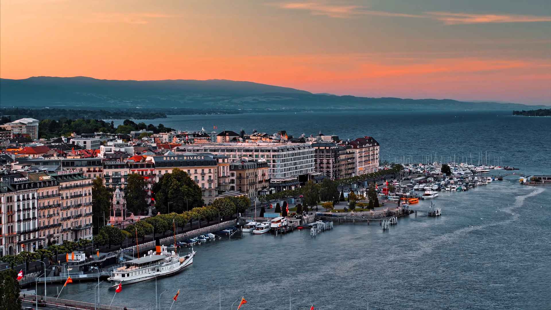Geneva harbor and lakeside at dusk