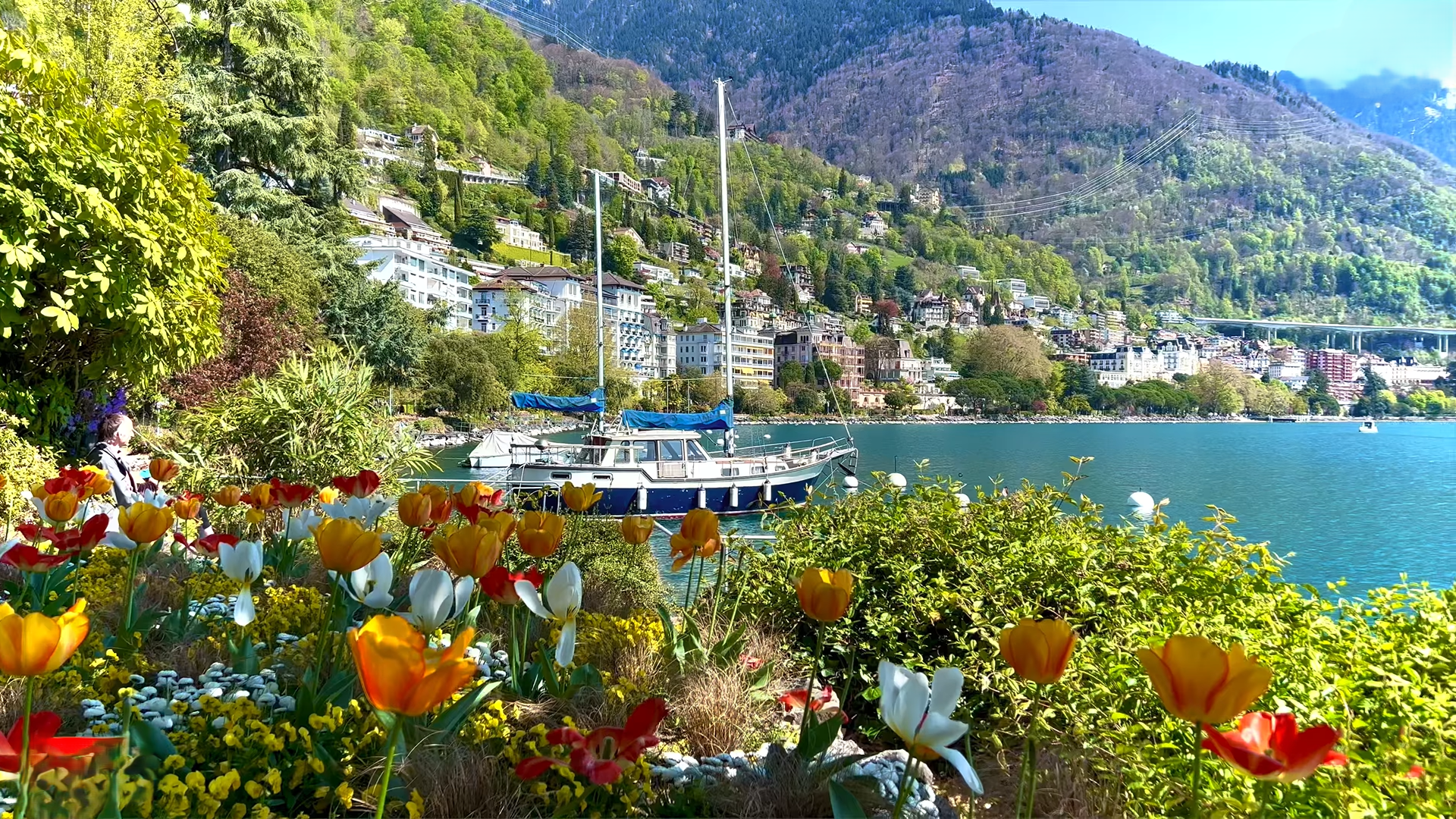 Lakeside flowers and marina in Montreux