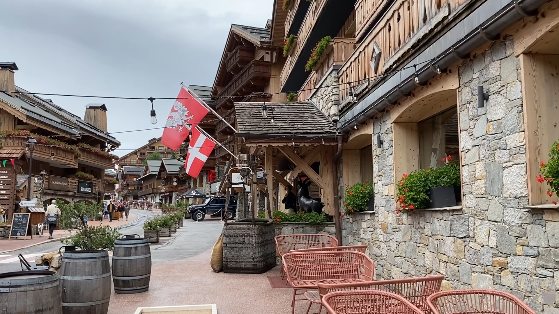 Meribel village street with alpine chalets