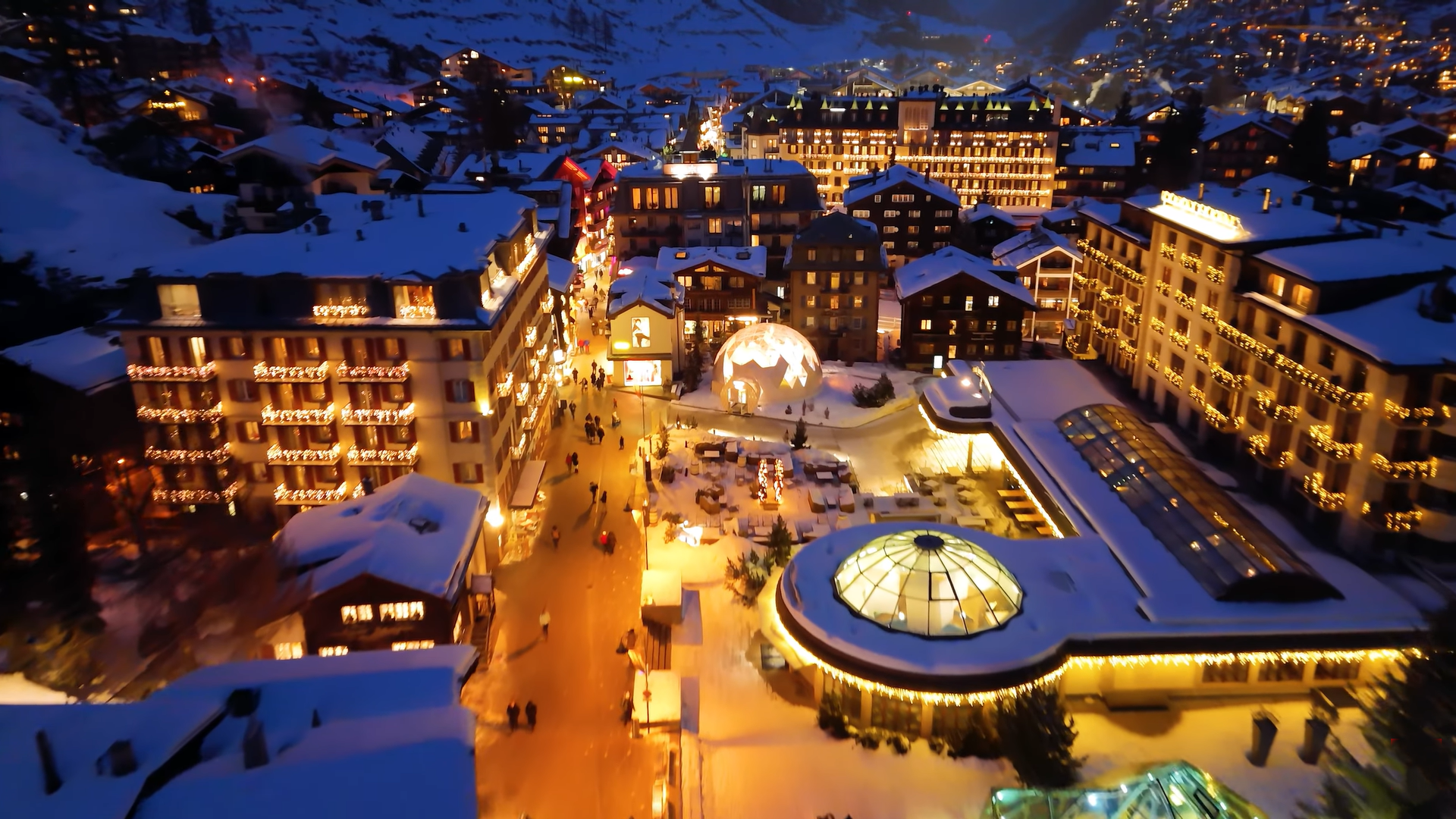 Zermatt village centre at night in winter
