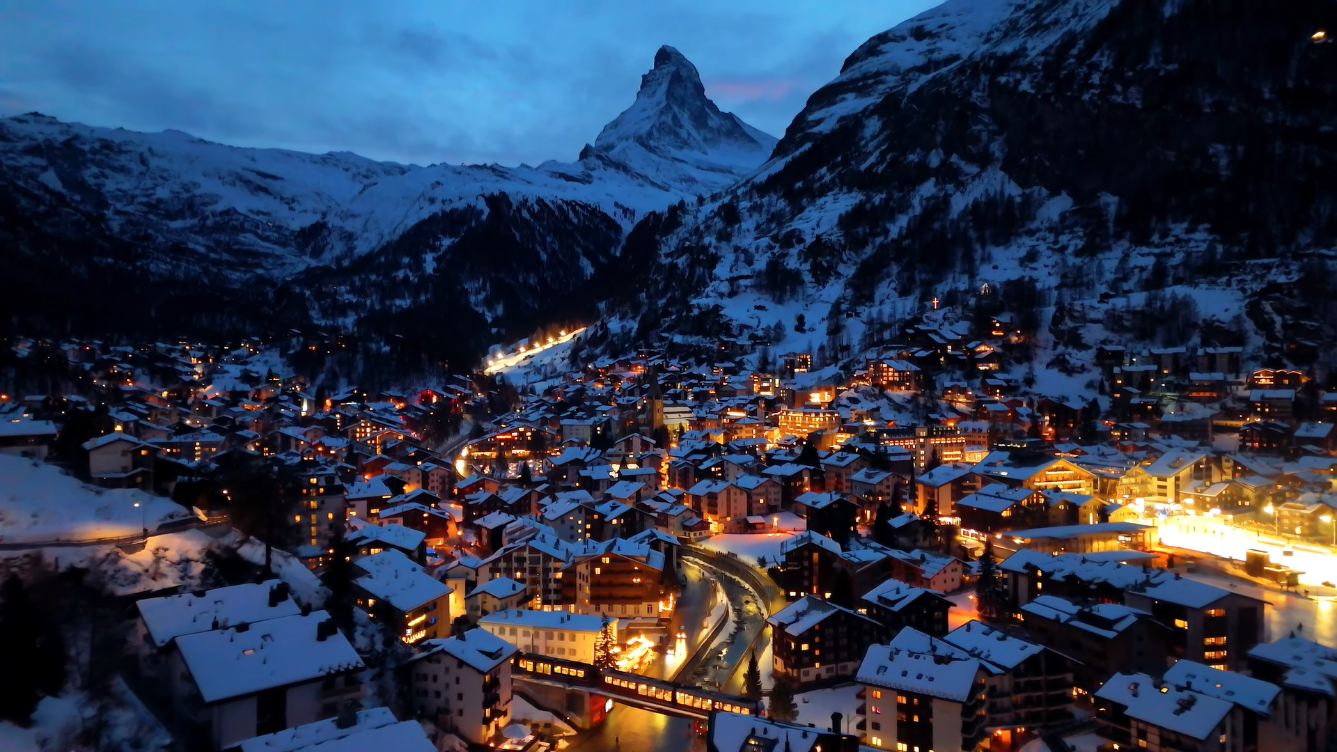 Zermatt village at night with Matterhorn view