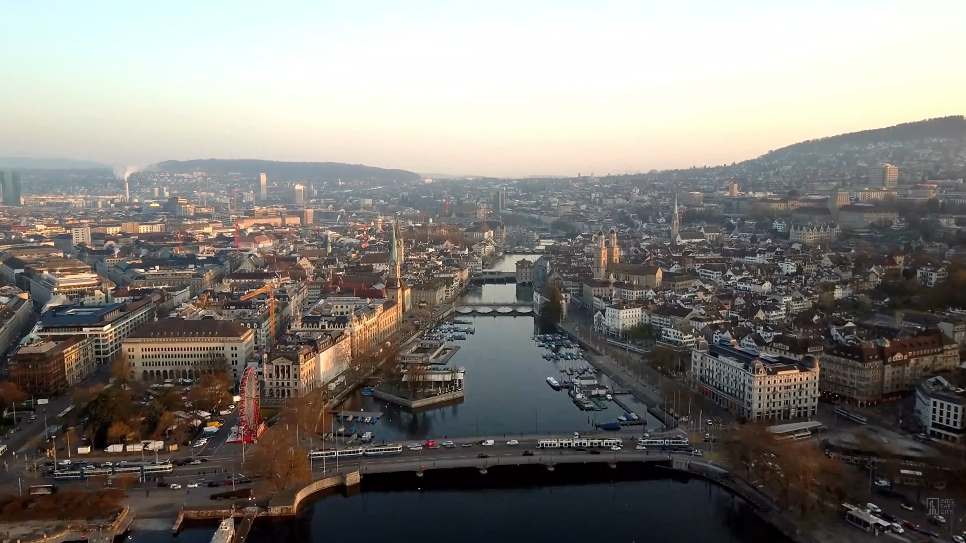 Zurich city center and Limmat River aerial view